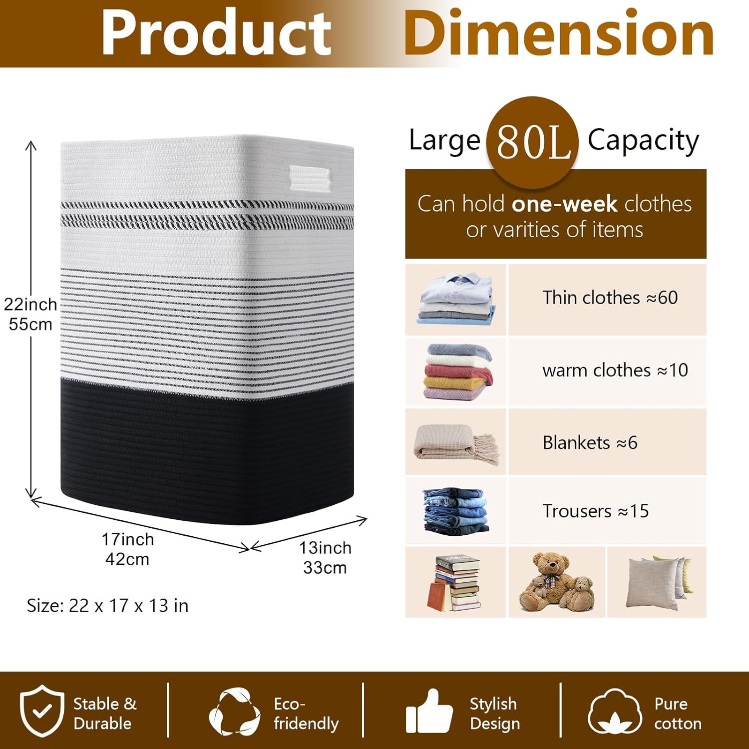Laundry Hamper, Large Woven Rope Tall Laundry Basket with Handles, 22" X 17" X 13", Decorative Storage Basket for Clothes and Blankets in Living room, Bedroom, Black& White