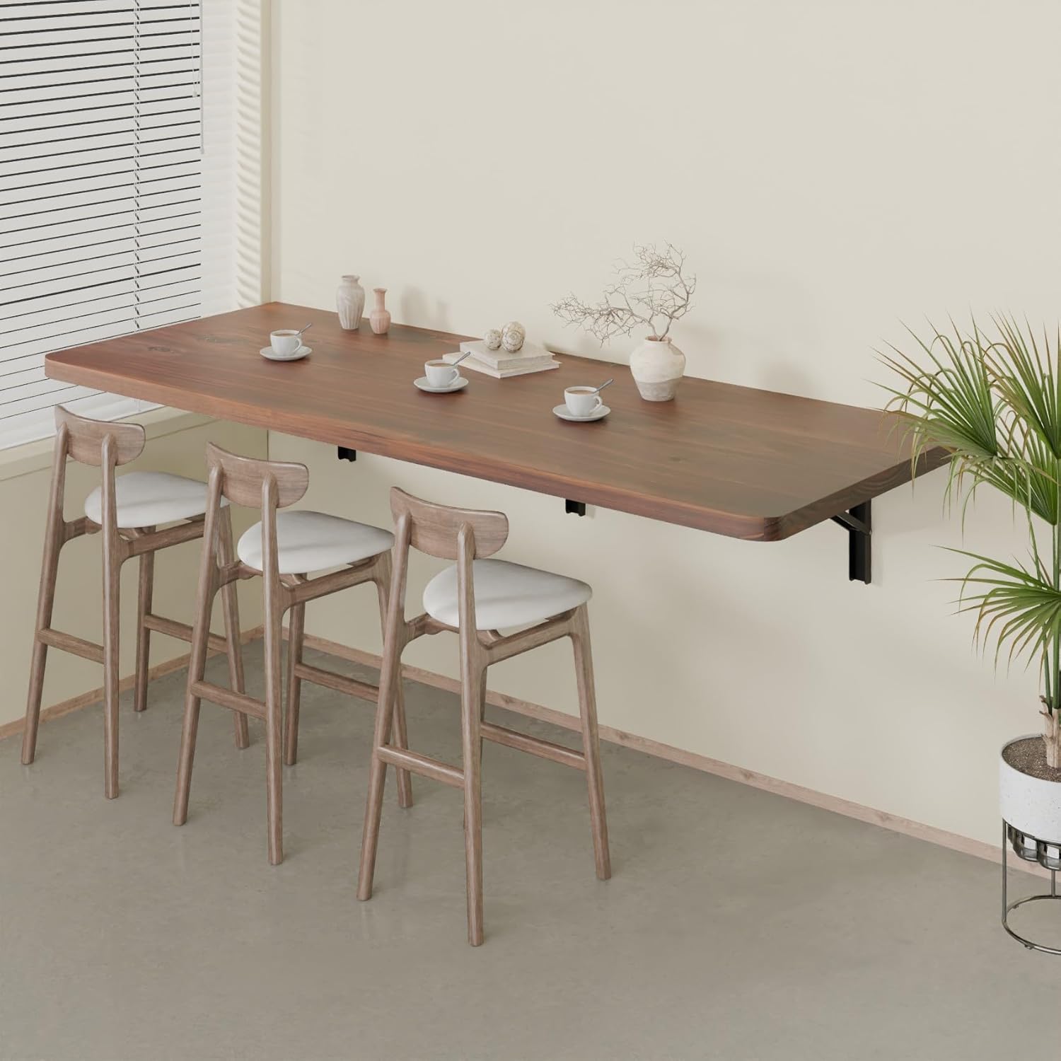 IAE Floating Wall Mounted Folding Table Desk with Pine Wood,55" x 22" Folding Workbench,Fold Down Wall Mounted Foldable Desk with Shelf Brackets,Laundry Table for Home,Dining,Office,Kitchen,Brown