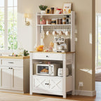 LIKIMIO Baker Rack with Spill-Safe Power Outlet & Drawer, Coffee Bar Cabinet with Storage, Farmhouse Microwave Stand with Hutch and 5 Hooks for Kitchen, White