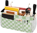 Checkered Mint Green and White Bedside Caddy for Dorm Bed Bedside Hanging Caddy Bag Iron Frame Storage Organizer Pocket for Bunk Home College Hospital Beds 2 Hooks