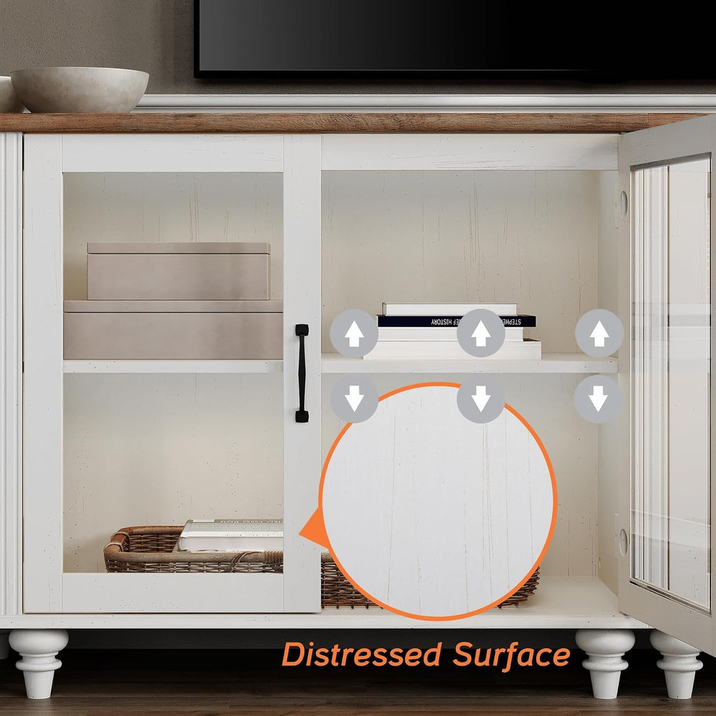 WAMPAT White TV Stand for 75 inch TV with 4 Glass Doors, Morden Wood Universal TV Cabniet with Ample Storage Cabinets, Farmhouse Entertainment Center TV Console Table for Living Room, Bedroom, 68"