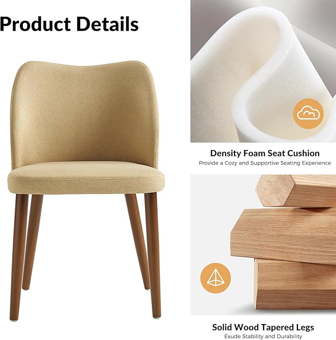 Dining Chairs Set of 4, Upholstered Kitchen Dining Room Chair Set Morden Accent Side Dinner Chair with Curved Padded Back Wood Legs for Restaurant/Cafe, Tan
