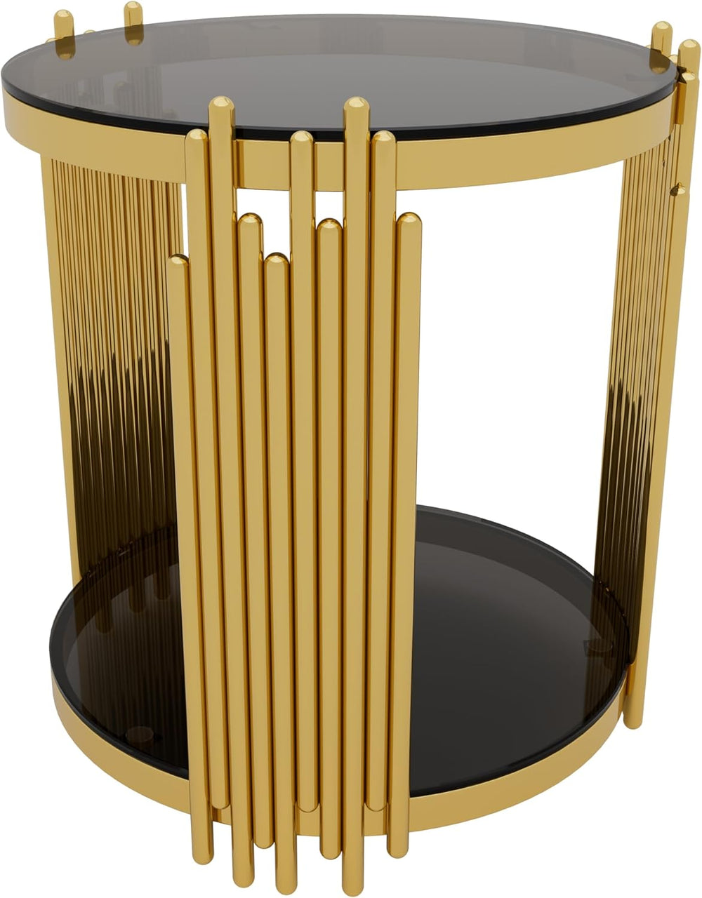 19.8" Round End Table with Gold Finish & Lower Shelf, Modern Black M...