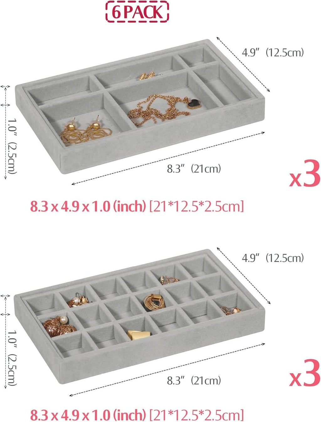 DIOMMELL 6 Pack Stackable Velvet Jewelry Trays Organizer, Jewelry Storage Box Display Trays Showcase Holder Closet Dresser Drawer Organizer for Earring Necklace Bracelet Ring Accessary, Grey