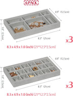DIOMMELL 6 Pack Stackable Velvet Jewelry Trays Organizer, Jewelry Storage Box Display Trays Showcase Holder Closet Dresser Drawer Organizer for Earring Necklace Bracelet Ring Accessary, Grey