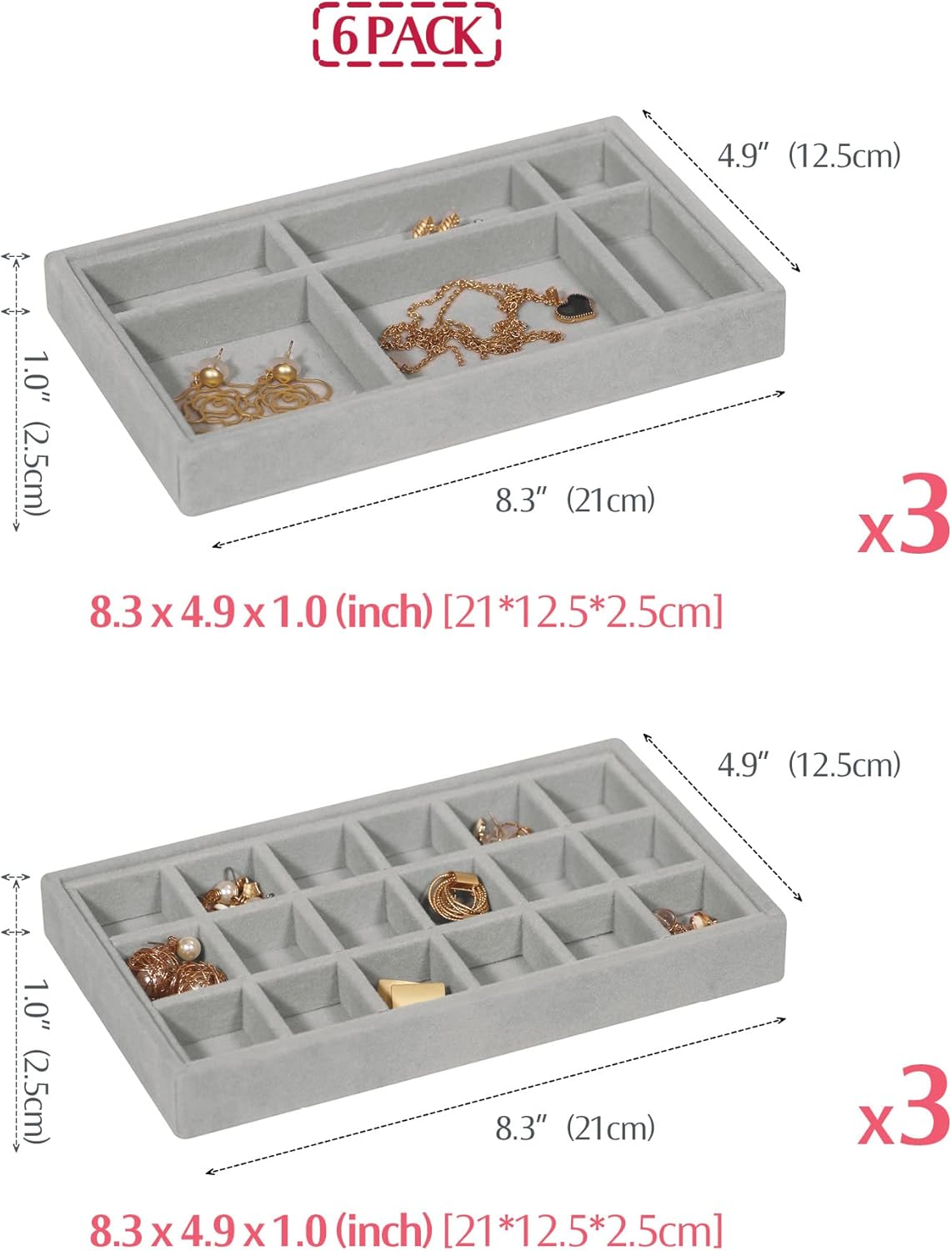 DIOMMELL 6 Pack Stackable Velvet Jewelry Trays Organizer, Jewelry Storage Box Display Trays Showcase Holder Closet Dresser Drawer Organizer for Earring Necklace Bracelet Ring Accessary, Grey