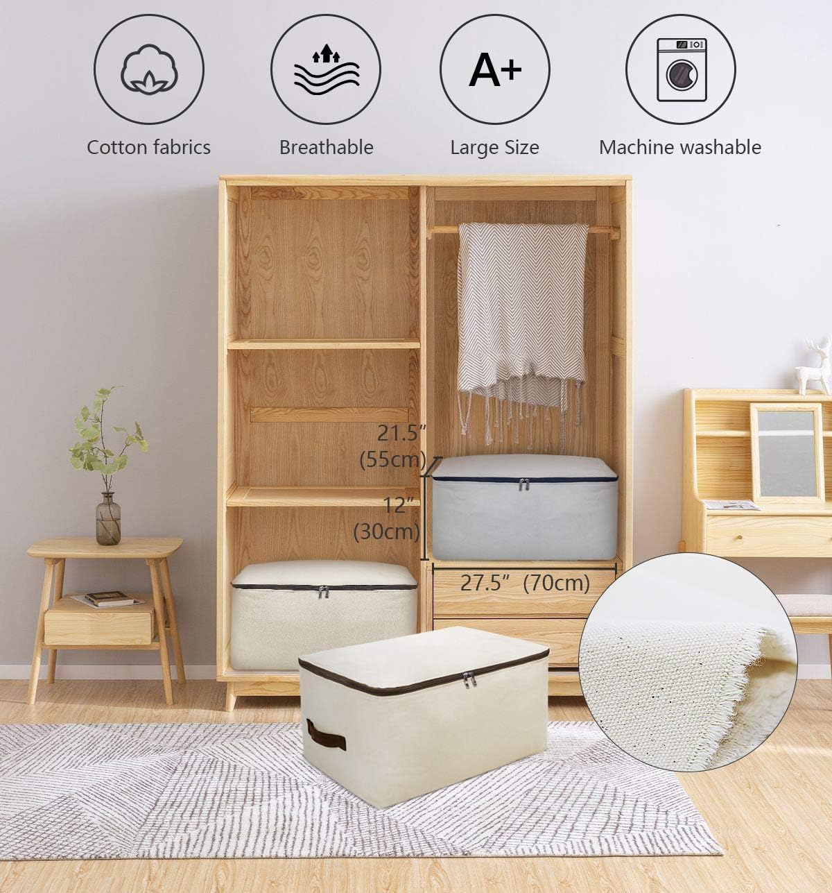 100% Natural Canvas Cotton Large Size Soft Storage Organiser Bags for Queen/King Size Blankets, Duvets, Pillows, Down Jackets, Breathable and Washable, Gray