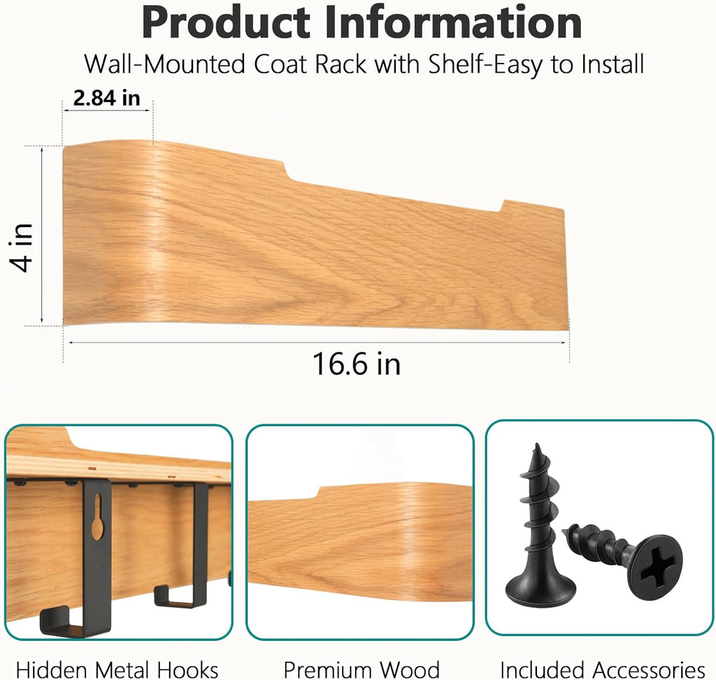 Coat Rack Wall Mount with Hidden Hooks Modern Key Holder Wood Entryway Hook with Shelf for Bedroom Kitchen Hallway Bathroom Designed for Hanging Coats Hats Bags Towels Dog Leashe(Oak,4 Hooks)
