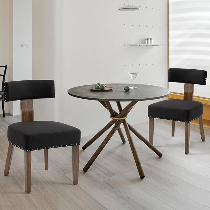Upholstered Wooden Farmhouse Dining Chairs Set of 2, Mid-Century Modern Fabri...