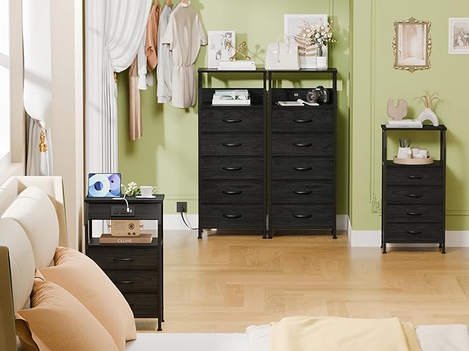 Furnulem 5 Drawers Dresser with Charging Station, Fabric Chest of Drawers wit...