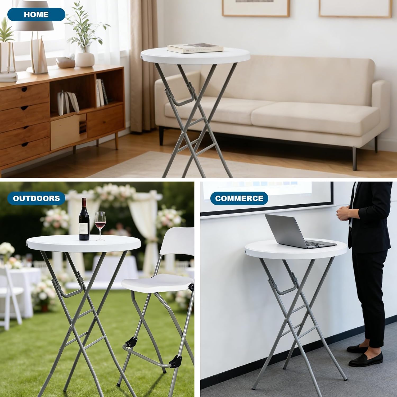 28” Round Folding Bar Table, High Top Cocktail Table with Locking Mechanism, HDPE Waterproof Stain-Resistant Top, Indoor Outdoor Patio Garden Party, White, 1 PCS