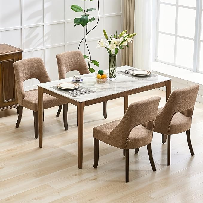 UVV Wooden Dining Chairs Set of 4, Mid Century Modern Upholstered Dining Room Chair Kitchen Chairs, Chenille Dinner Chair with Solid Wood Legs for Kitchen Dining Room, Khaki