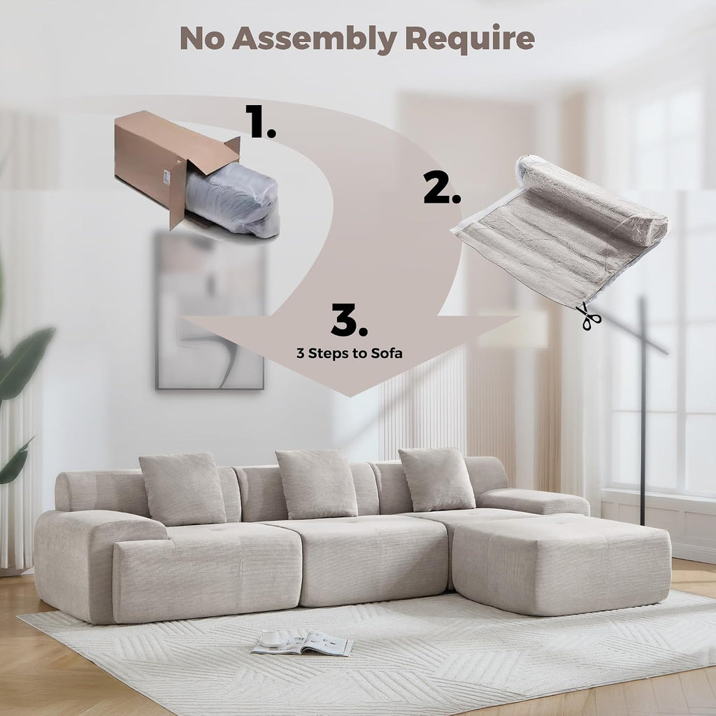 122" Modern L-Shaped Modular Sectional Sofa, Corduroy Upholstery Couches for Living Room, Oversized 3-Seater Boneless Cloud Couch with Deep Seat and Movable Ottoman, No Assembly, Camel/Beige