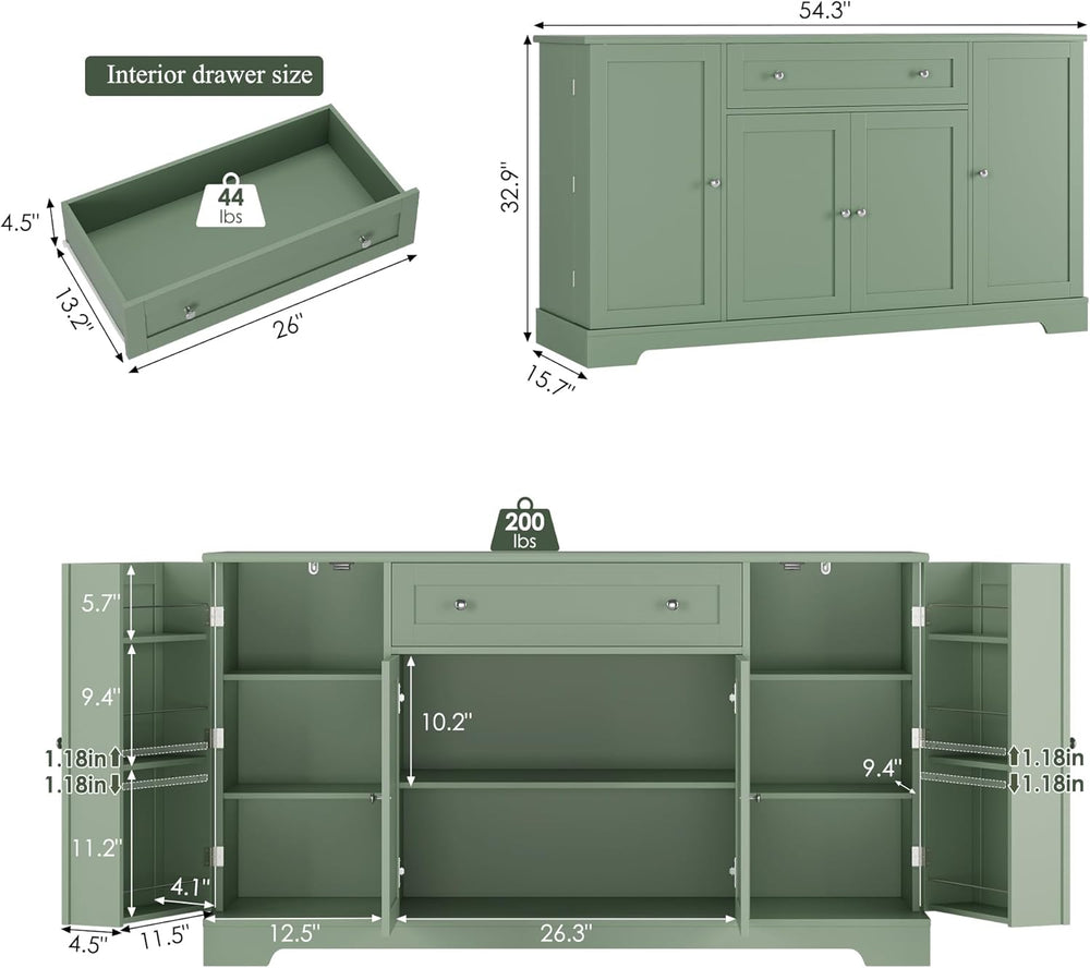 HITHOS 54" W Kitchen Buffet Cabinet with Storage, Coffee Bar Cabinet, Green