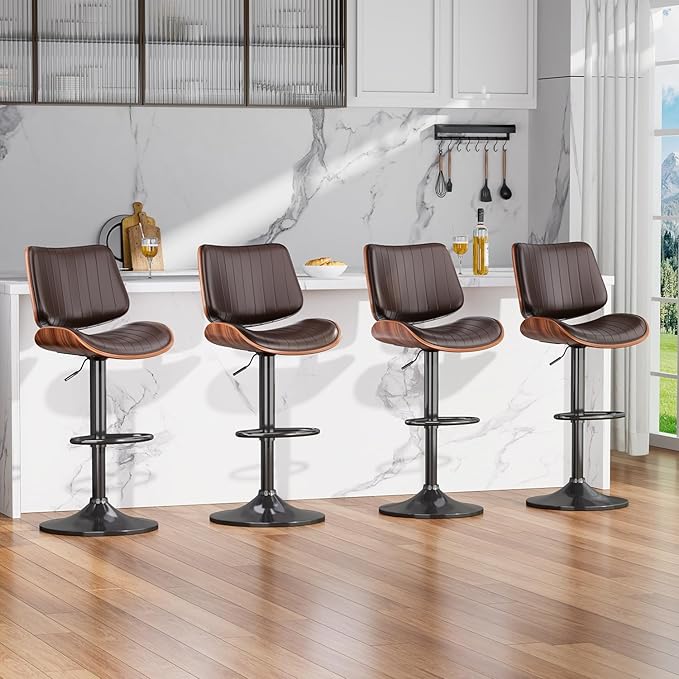 Swivel Bar Stools Set of 3, Adjustable Bentwood Barstools for Kitchen Counter, Modern PU Leather Upholstered Bar Chair with Back and Footrest, for Kitchen Island, Bar, Dining Room, Brown