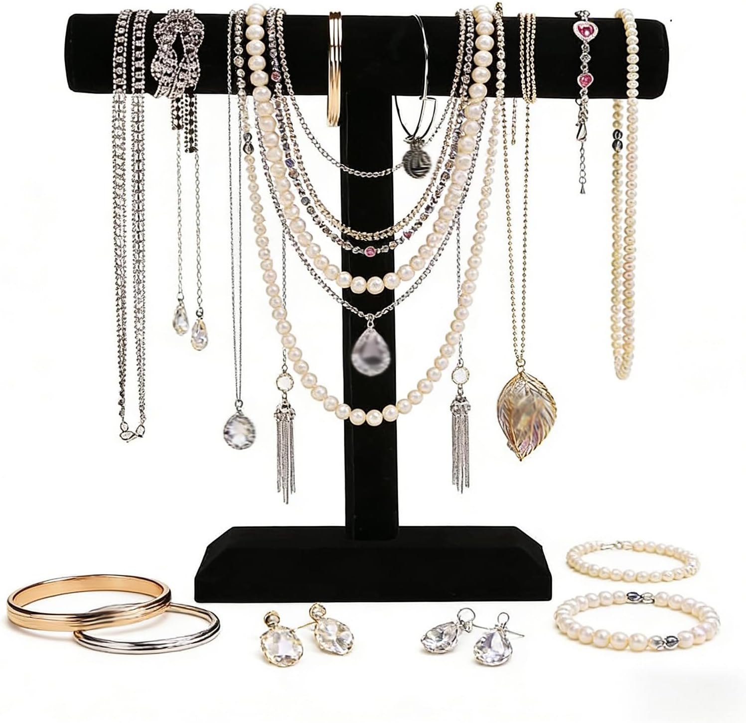 Barelove Jewelry Stand Display 1 Tier, Black Velvet T-Bar Bracelet Watch Bangle Necklace Holder for Organization Showcase or Store Display