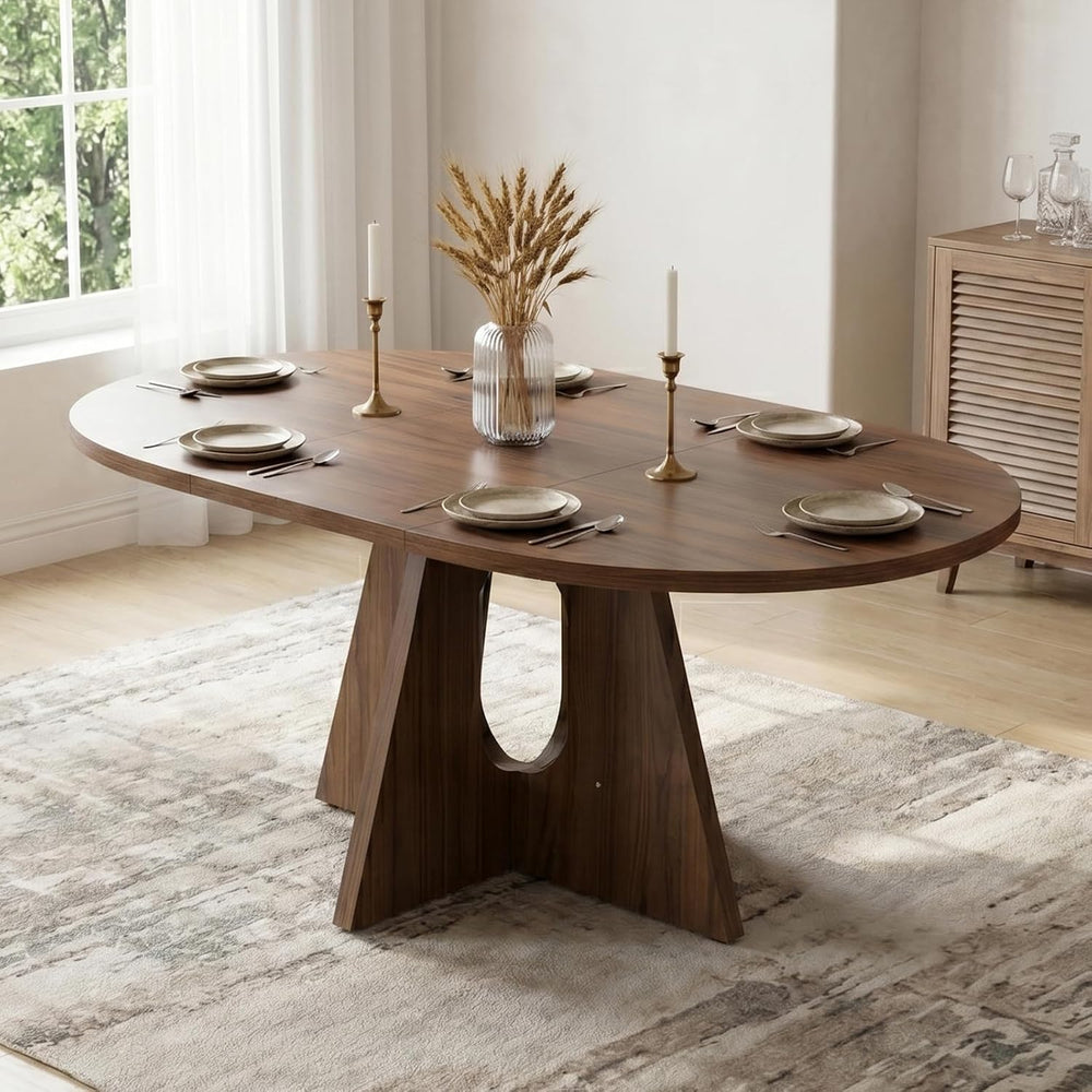 HIPIHOM 43.3"-59" Expandable Round Dining Table, Modern Walnut Kitc...