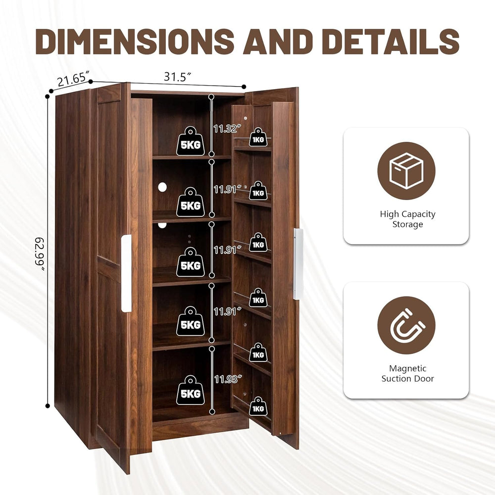 62.99'' Walnut Kitchen Pantry Cabinet Tall Freestanding Pantry Storag...