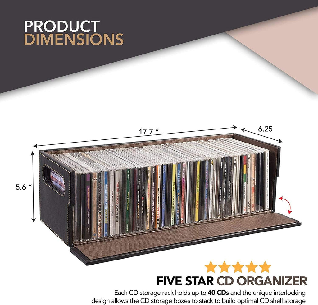Stock Your Home CD Storage Box, Organizer Shelf for Movie Cases, DVDs, Cassette Tape Display Stand, Disc Holder Can Store Up to 40 CDs, Faux Leather (Brown)