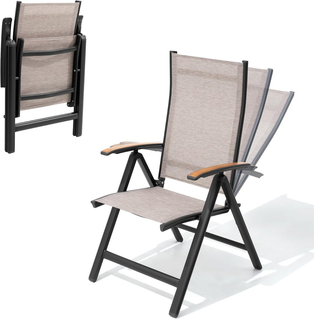 Folding Patio Chairs Set of 2, Aluminum High Back Outdoor Recliners | Outdoor Folding Chairs with Aluminum Frame & High Back, Patio Recliners with Teak Armrests, No Assembly Required, Adjustable