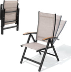 Folding Patio Chairs Set of 2, Aluminum High Back Outdoor Recliners | Outdoor Folding Chairs with Aluminum Frame & High Back, Patio Recliners with Teak Armrests, No Assembly Required, Adjustable