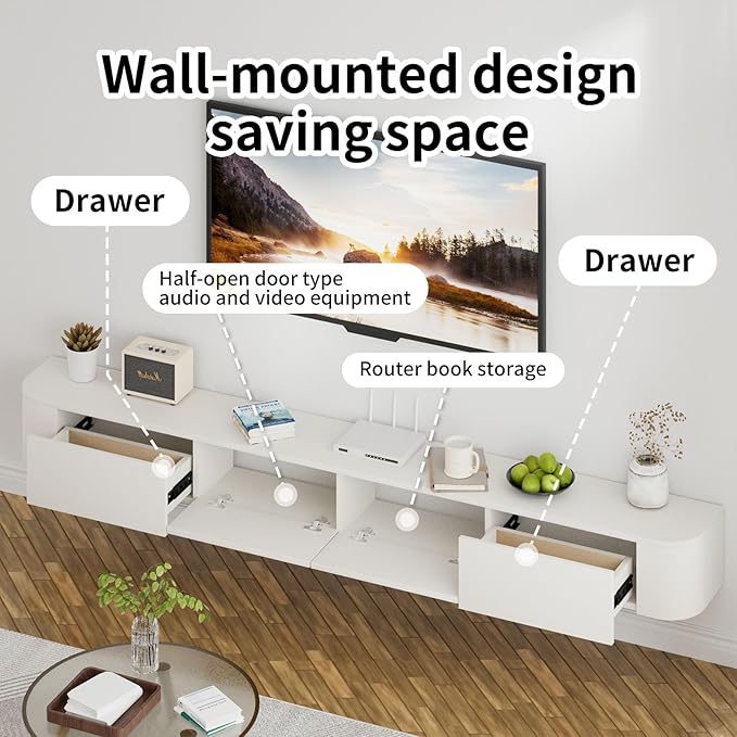SHGJ&SOFT Floating TV Stand Wall Mounted Media Console with Door Entertainment Centerwith Storage Cabinets, Wall Mounted TV Shelf for Bedroom,Living Room (White, 78.7IN)