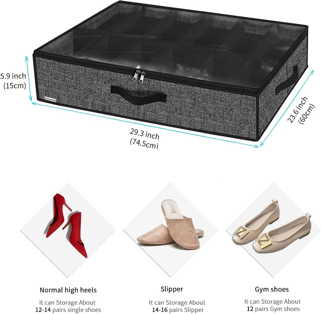 Onlyeasy Under Bed Shoe Storage Organizer with Sturdy Handles and Clear Window 1 Pack Fits 12 Pairs, Premium Foldable Underbed Shoes Container Box for Closet, Linen-like Black, MXAUBSB1P