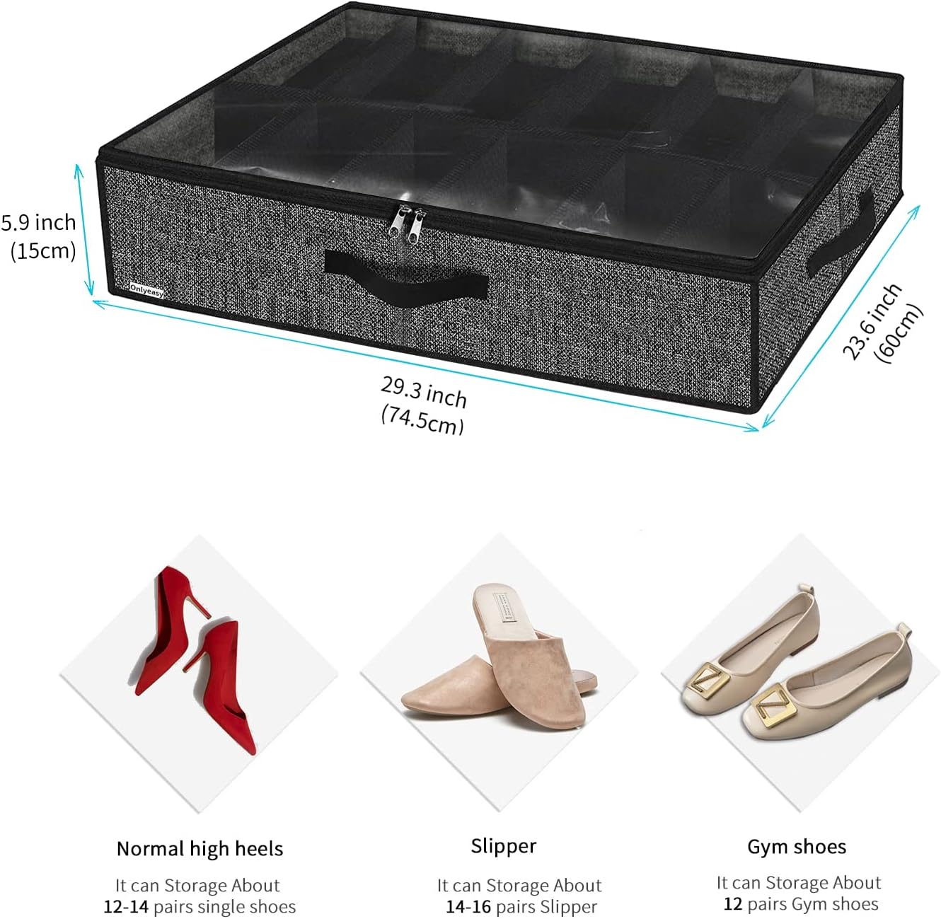 Onlyeasy Under Bed Shoe Storage Organizer For Closet, 4 Pack Fit 12x4 Pairs, Underbed Solution Shoes Container Bags with Sturdy Sidewall & Reinforced Handles, Breathable, Linen-like Black, MXAUBSB4P