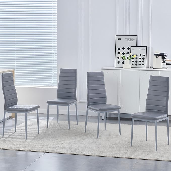 PU Dining Chairs Set of 4, Modern Kitchen & Dining Room Chairs Faux Leather Upholstered Dinner Chairs with Metal Legs for Small Space (Could Gray, Horizontal line)