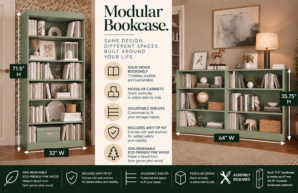 Palace Imports Solid Wood Bookcase - Stackable Modular 6-Tier Bookshelf - 71....