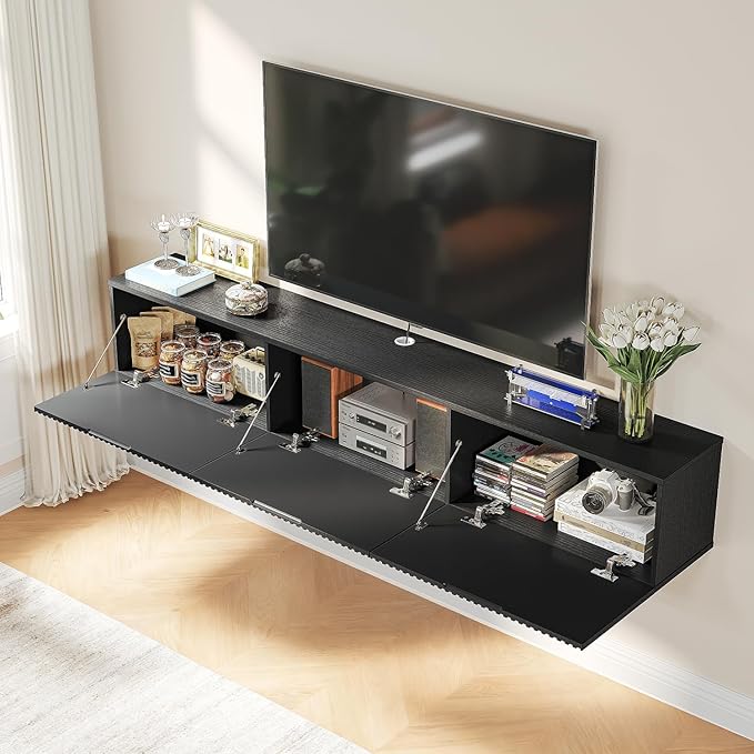 Floating TV Stand with 3 Doors, 63IN Wall Mounted TV Cabinet, Floating Media Console Entertainment Center with Storage, Under TV Shelf for Bedroom Living Room,Black