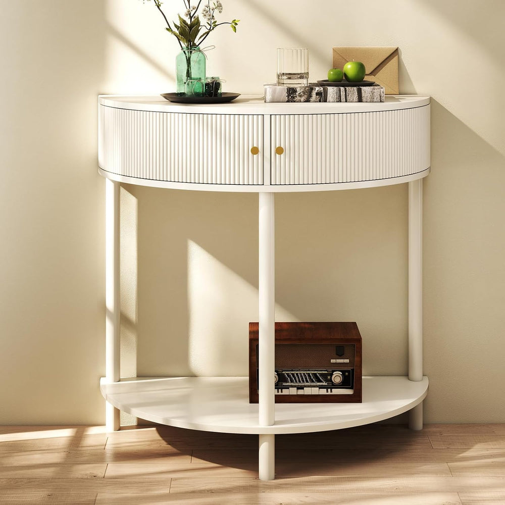 Entryway Table, Artisan-Crafted Half Moon Fluted Console Tables with 2 Rattan...