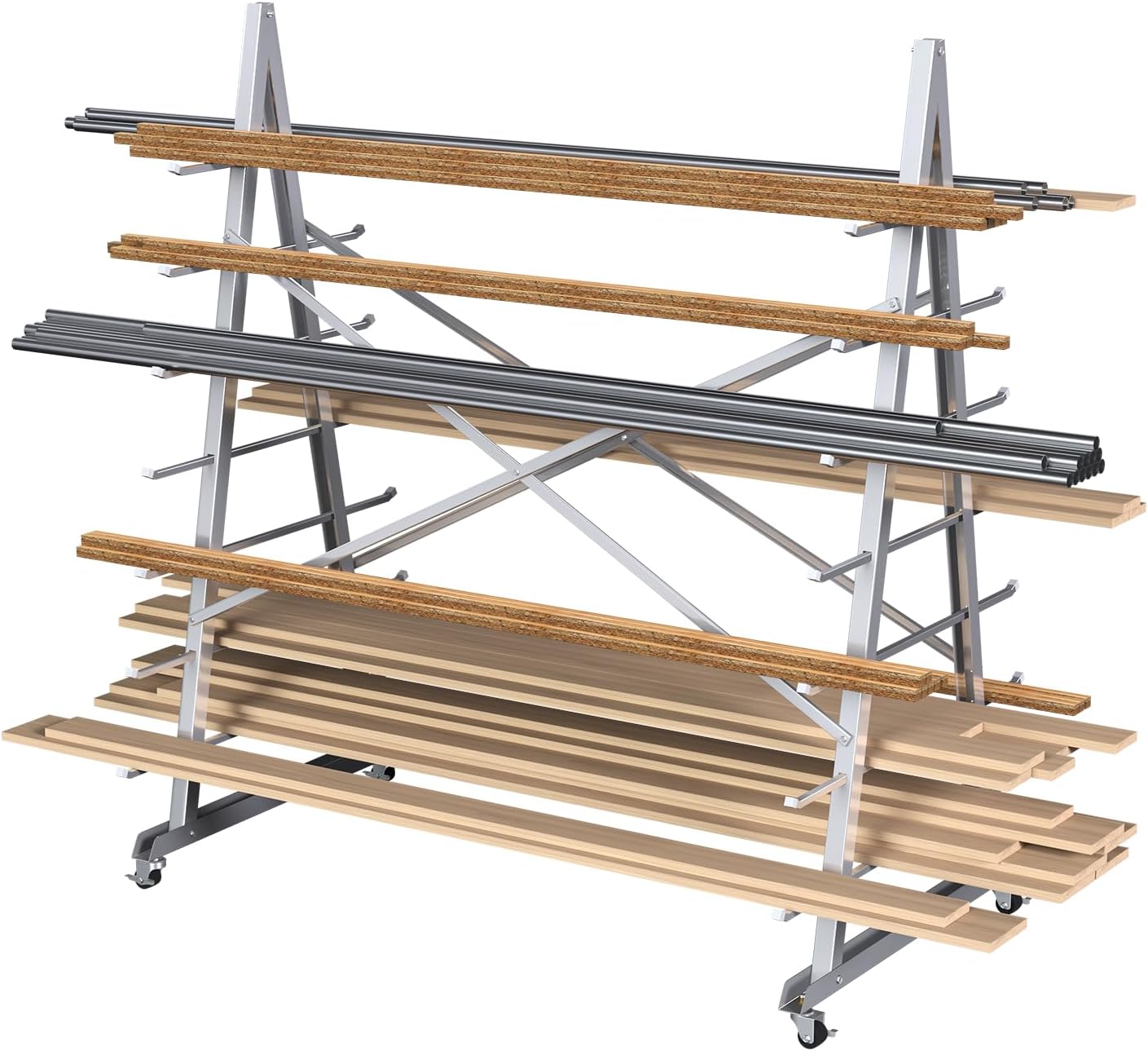 Floor Standing Lumber Horizontal Storage Rack with 7 Tiers, Heavy-Duty Metal Adjustable Arms Pallet Racking, Free Standing Bar Storage Cantilever Rack for Basement, Up to 2500 Lbs