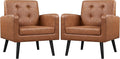 Yaheetech Mid-Century Accent Chairs, PU Leather Modern Upholstered Living Room Chair, Cozy Armchair Button Tufted Back and Wood Legs for Bedroom/Office/Cafe, Retro Brown 2 PCS