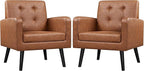 Yaheetech Mid-Century Accent Chairs, PU Leather Modern Upholstered Living Room Chair, Cozy Armchair Button Tufted Back and Wood Legs for Bedroom/Office/Cafe, Retro Brown 2 PCS