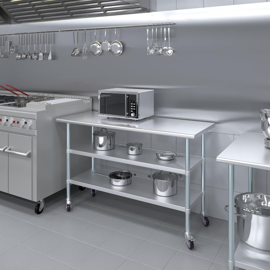 AmGood Stainless Steel Work Table with 2 Shelves and Casters | Metal Utility Table On Wheels (Stainless Steel Work Table with 2 Shelves + Casters, 60" Long x 24" Deep)