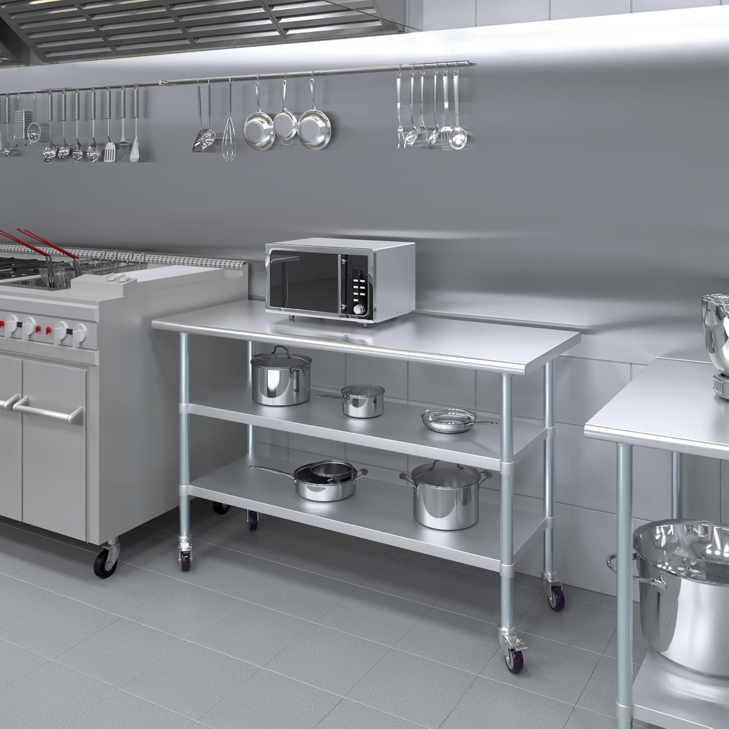 AmGood Stainless Steel Work Table with 2 Shelves and Casters | Metal Utility Table On Wheels (Stainless Steel Work Table with 2 Shelves + Casters, 60" Long x 24" Deep)