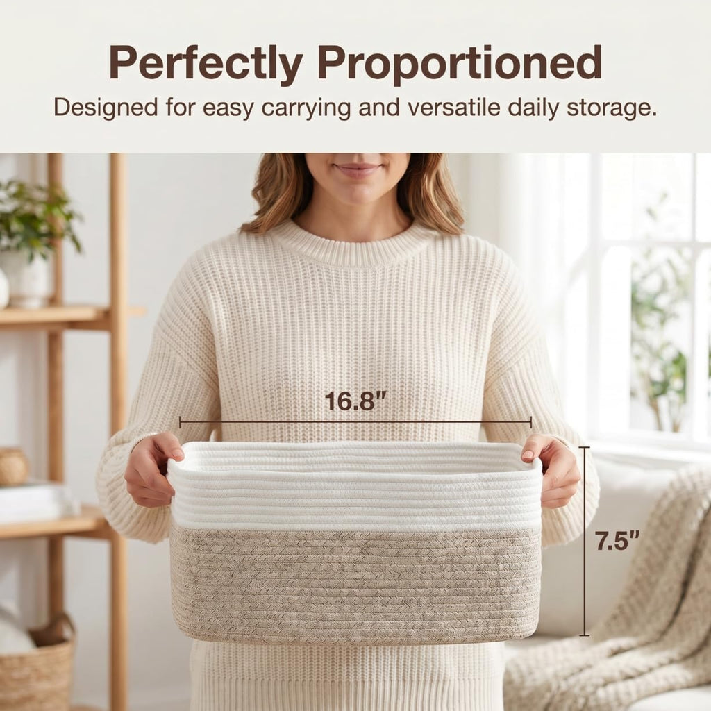 Large Storage Basket for Shelves 16.8”x13”x7.5”2 Pack | Large Baskets for Storage, Soft Cotton Rope Woven Baskets for Shelves, Closet, Laundry, Bathrooms, Blanket, Clothes, Closet