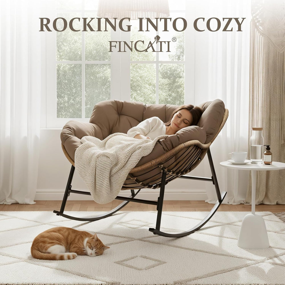 FINCATI Papasan Rocking Chair Indoor Outdooor, Oversized Wicker Recliner with...
