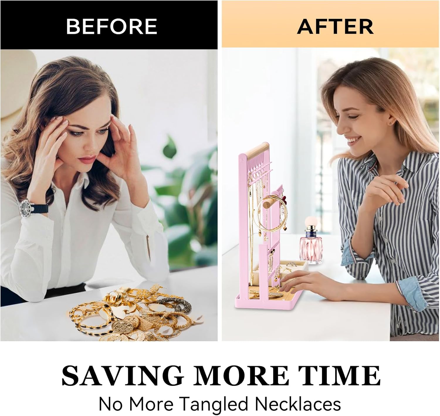 DreamGenius Jewelry Organizer Stand with Velvet Ring Holder, 4 Tier Jewelry Holder Organizer with 15 Hooks for Necklaces and 16 Holes for Earrings, Pink
