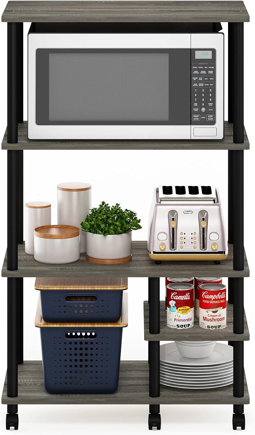 Furinno Turn-N-Tube Bakers Rack with Wheels, 4-Tier Kitchen Storage Cart, Kit...