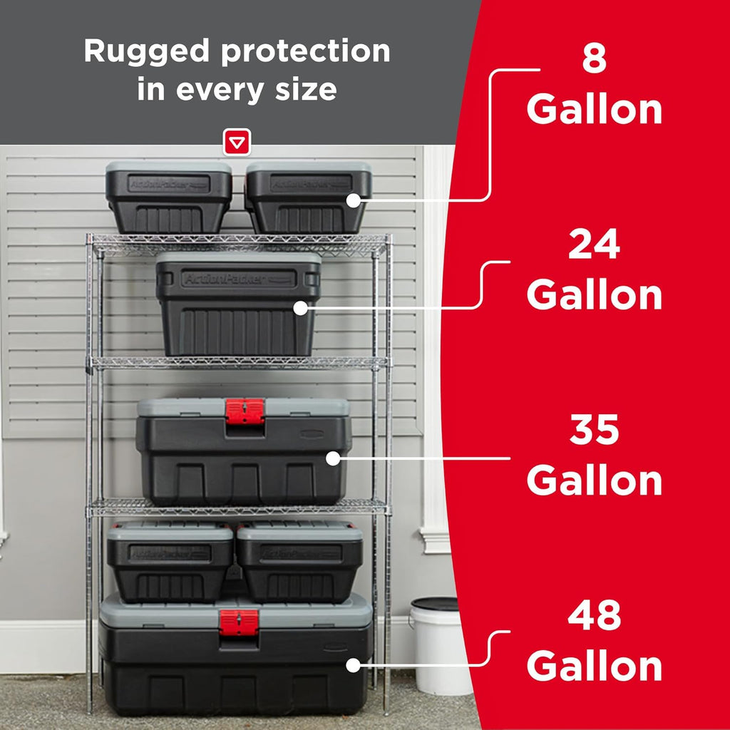 Rubbermaid ActionPacker 35 Gallon, Made in USA, Lockable Plastic Storage Bin with Lid and Wheels- Outdoor, Industrial, Rugged, Camping Gear and Truck Bed Storage - Gray and Black