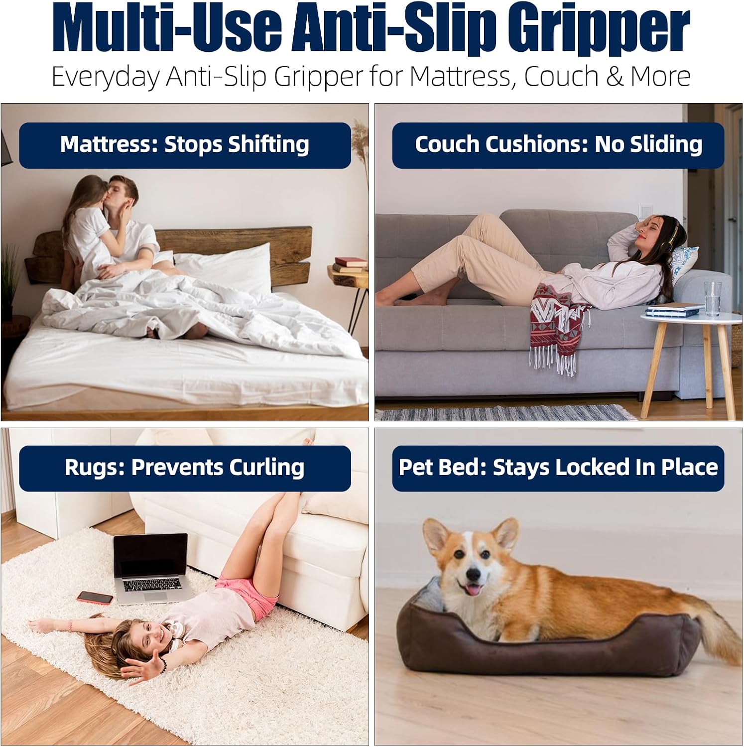 Non Slip Mattress Gripper, Anti-Slip Pad Prevents Mattress Sliding & Holds Bed in Place, Easy Trim Gripper Pads for Sofa, Couch, Chair Cushions, Stops Mattress Topper from Slipping (Queen (59" x 78"))