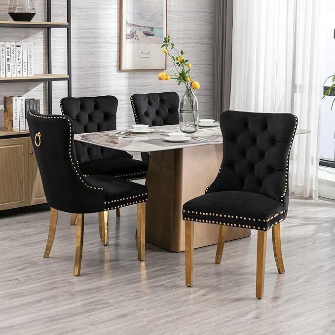 Luxury Upholstered Dining Chairs Set of 4, Black Kitchen Chair with Golden Metal Legs, Velvet Tufted Back Dining Chair, Sillas de Comedor, Modern Kitchen & Dining Room Chairs (Black, 4 Pcs)