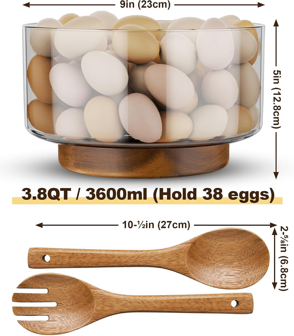 NiHome Glass Salad Bowl with Acacia Wood Salad Tongs, Large Capacity Design w...