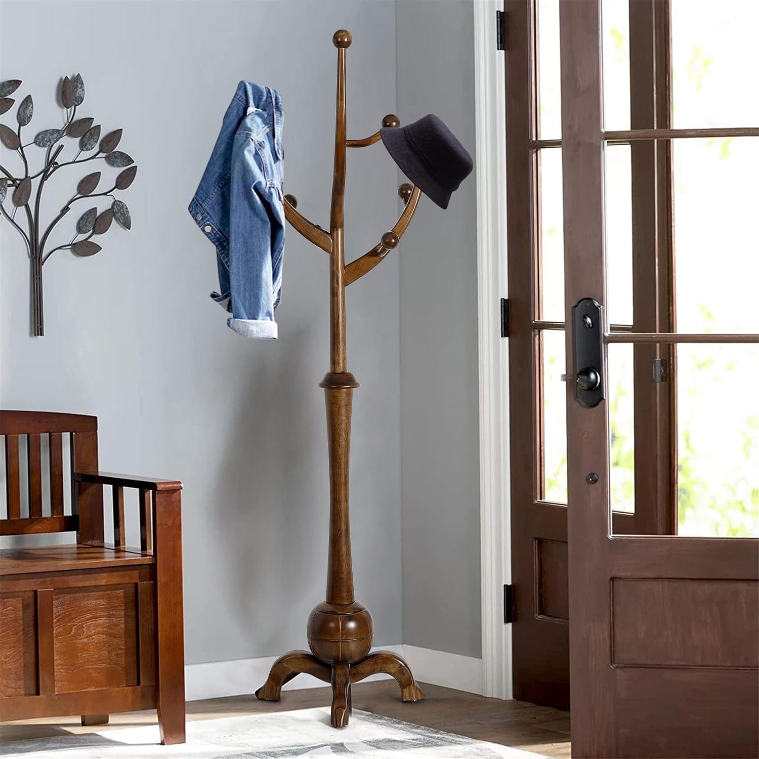 Coat Rack Freestanding Wood Coat Tree Rack with 8 Hooks, Creative Design Tree Branch-look, Standing Coat Rack Clothes Hanger Stand with Stury Base for Entryway, Hallway, Bedroom - Load 160lb (Walnut)
