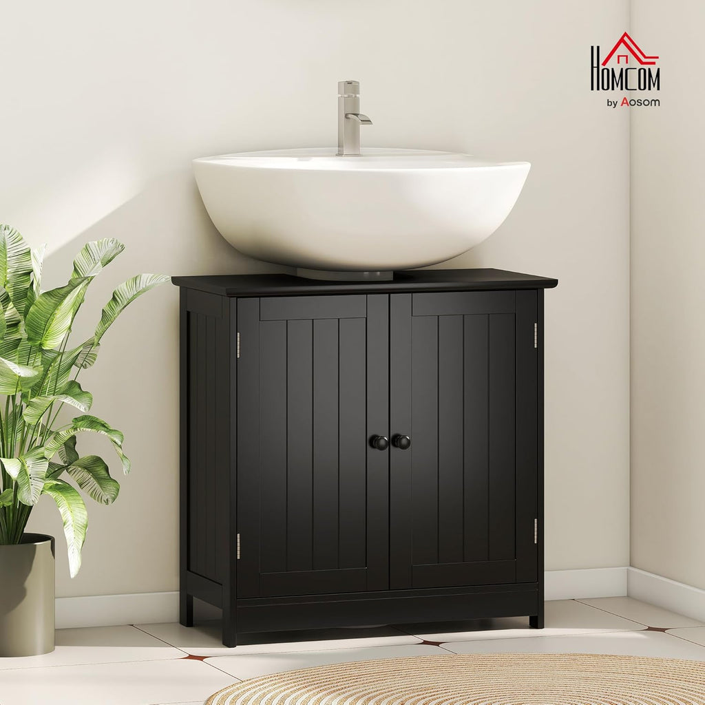 HOMCOM Under Sink Bathroom Cabinet with 2 Doors and Shelf, Pedestal Sink Bathroom Vanity Cabinet, Black