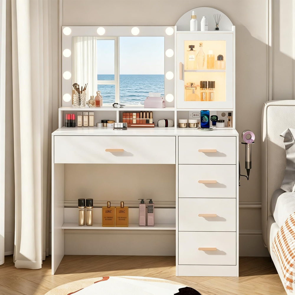 BZK Vanity Desk with LED Lights and Mirror, 35.4" Makeup Vanity Table wi...