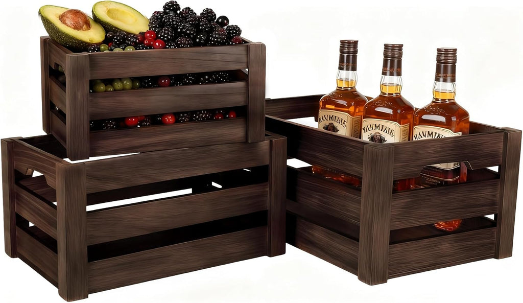 Rustic Wooden Storage Crates Set of 3 with Handles – Farmhouse Decorative Nesting Boxes for Organizing, Shelves & Tabletop Display (L/M/S)