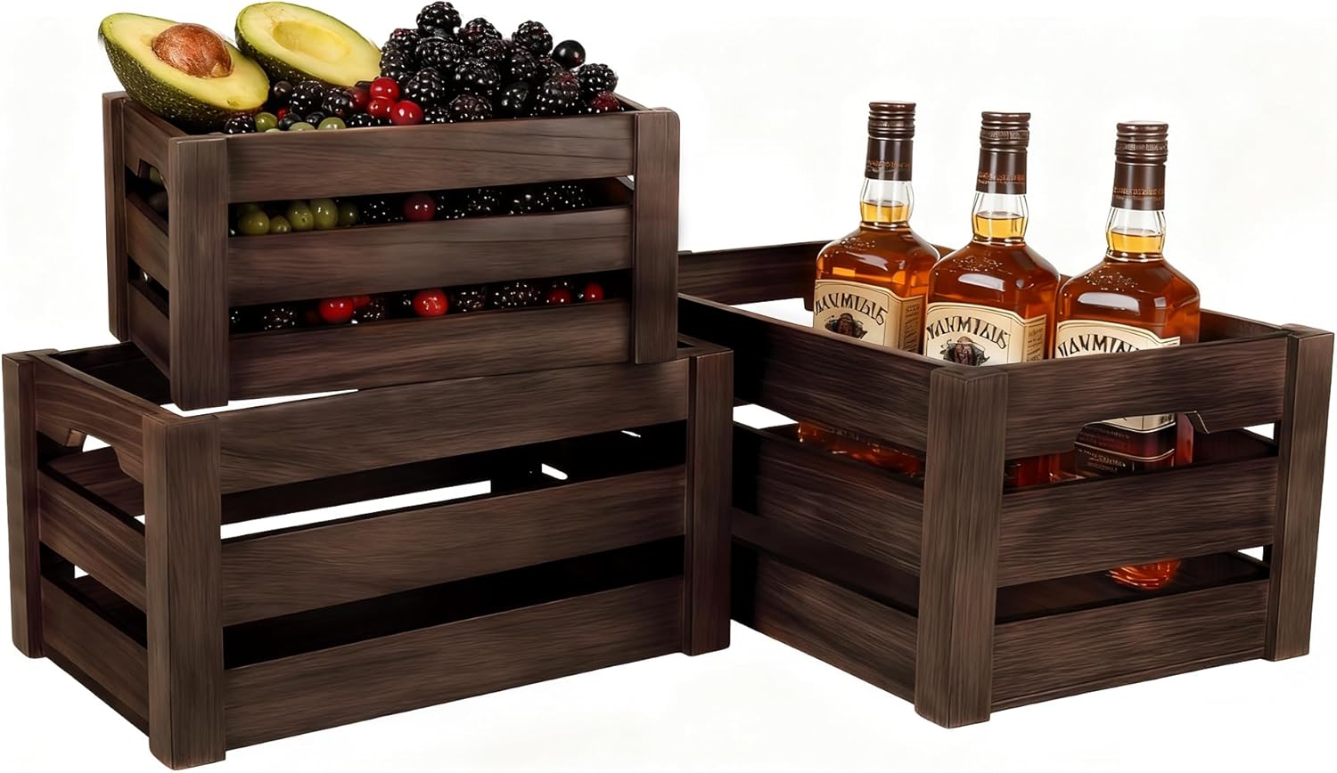 Rustic Wooden Storage Crates Set of 3 with Handles – Farmhouse Decorative Nesting Boxes for Organizing, Shelves & Tabletop Display (L/M/S)